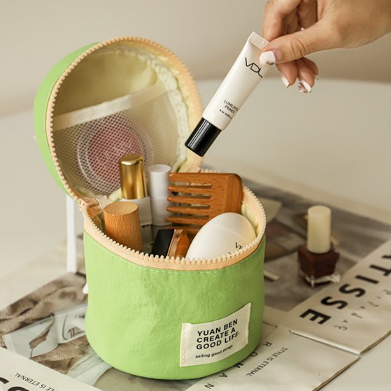 Mini Cylindrical Cosmetic Bag inside