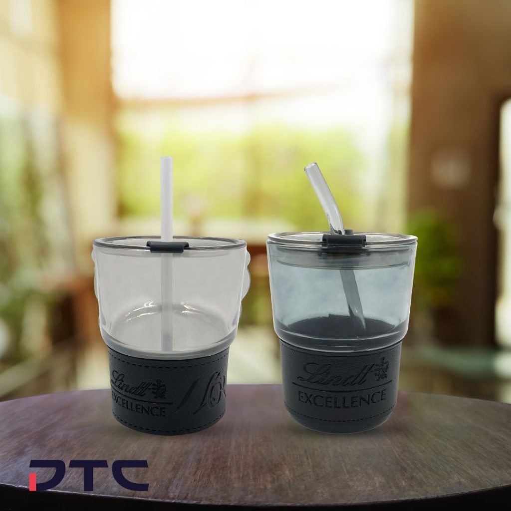 Lindt Glass Tumbler with PU Sleeve and Straw