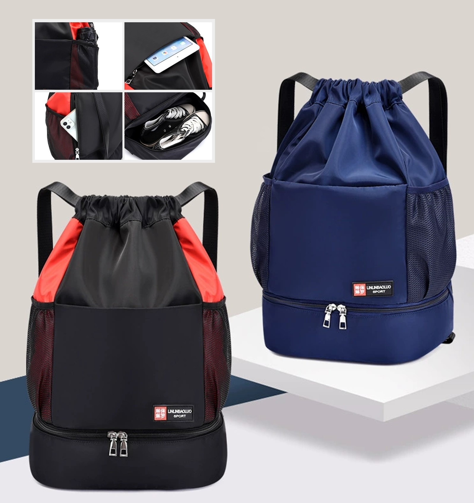 Drawstring Backpack Bag With Shoe Compartment