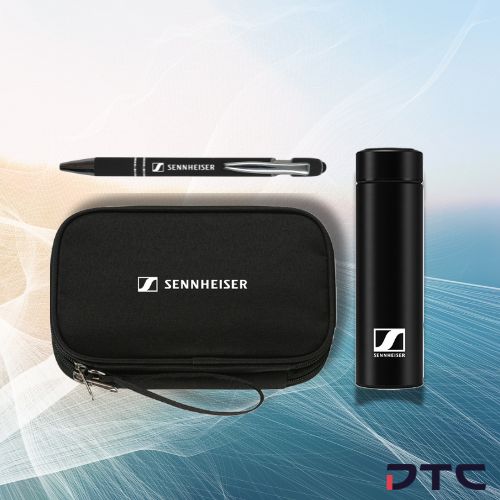 Sennheiser corporate gifts by DTC World. Cable pouch organiser, Water Tumbler, Pen