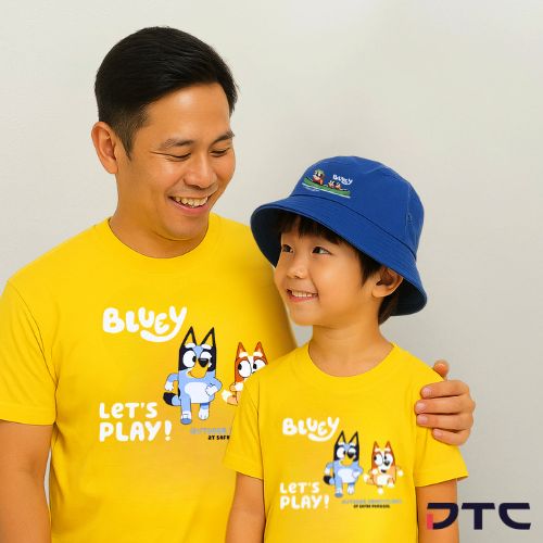 Custom Bluey matching family t-shirts and custom Bluey hat by DTC World at SAFRA Punggol event