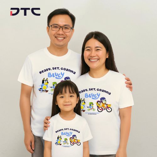 Custom Bluey matching family t-shirts by DTC World at SAFRA Punggol event, white design