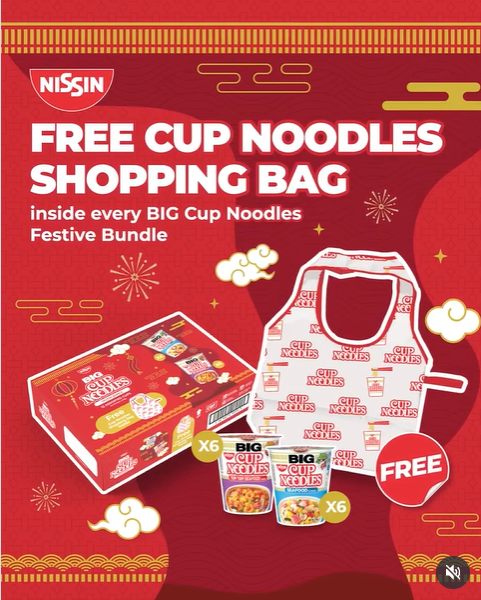 Practical shopping bag inspired by Nissin Cup Noodles branding, ideal for family use and promotions