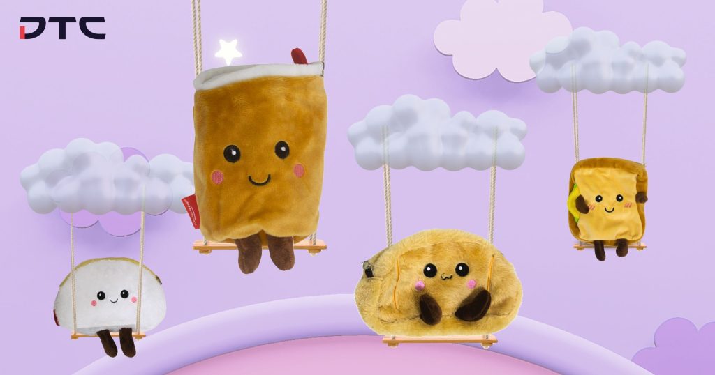 Colgate custom plush gift with purchase – designed by DTC World with local snack-inspired characters: pao, croissant, bread loaf, and milk tea