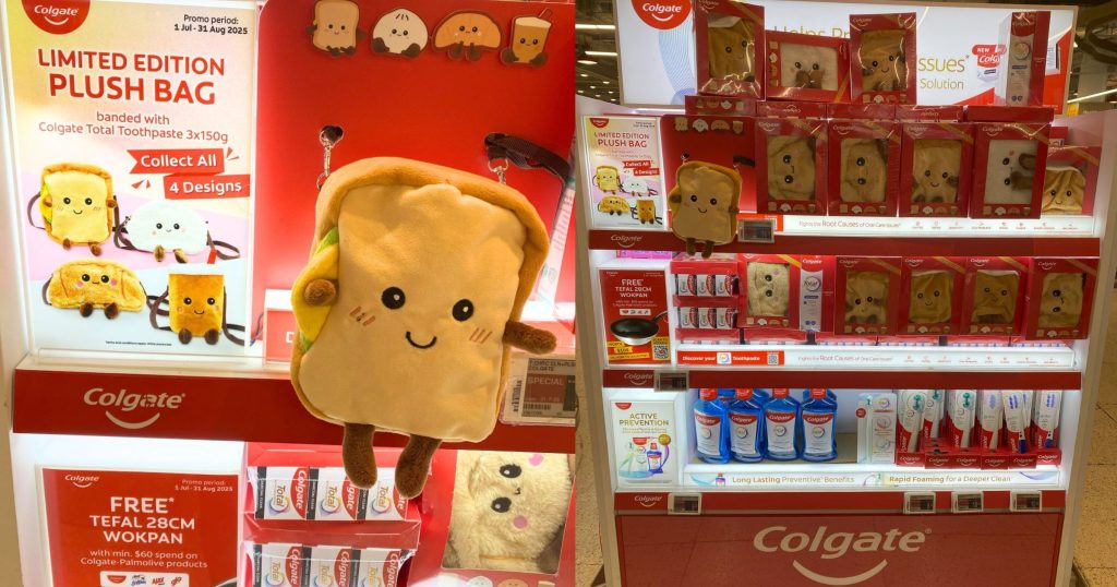 Colgate custom plush gift with purchase – designed by DTC World with local snack-inspired characters: pao, croissant, bread loaf, and milk tea