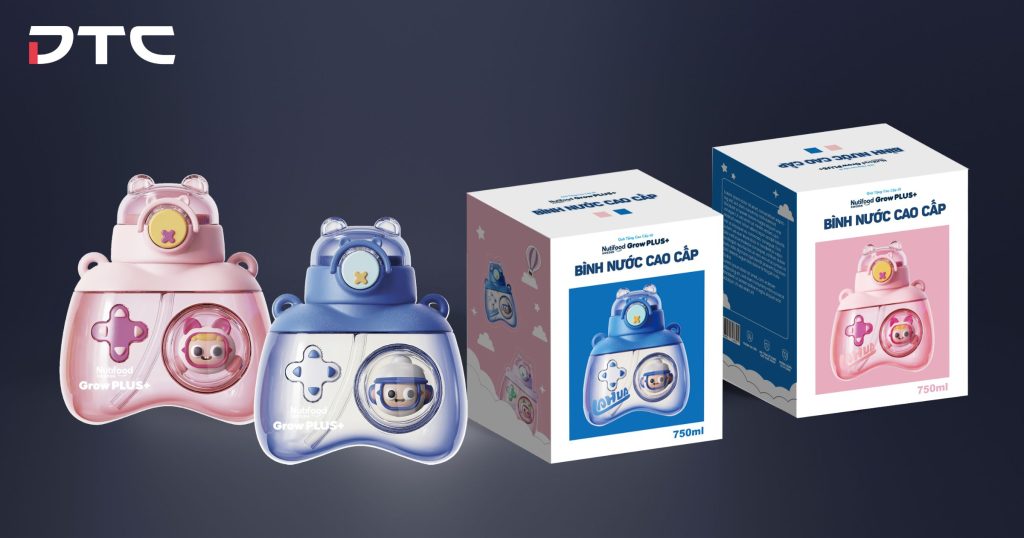 Custom Growplus+ kids tumblers in blue and pink, designed and fulfilled by DTC World Vietnam for Nutifood’s loyalty program