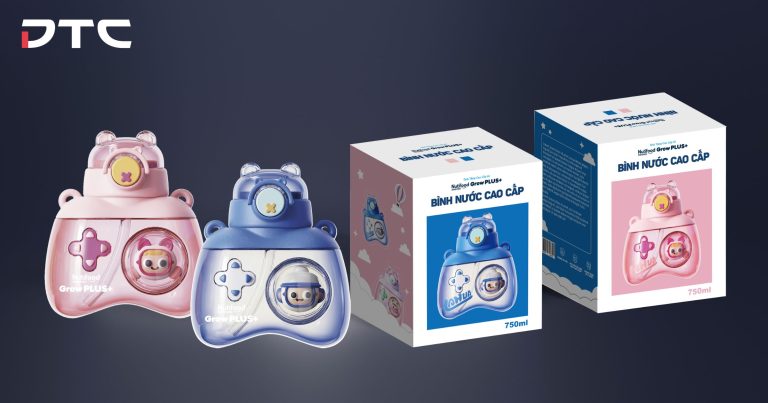 Custom Growplus+ kids tumblers in blue and pink, designed and fulfilled by DTC World Vietnam for Nutifood’s loyalty program