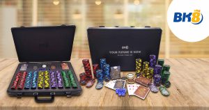 Custom BK8 branded poker set by DTC World featuring logo chips, cards, and dice in luxury case