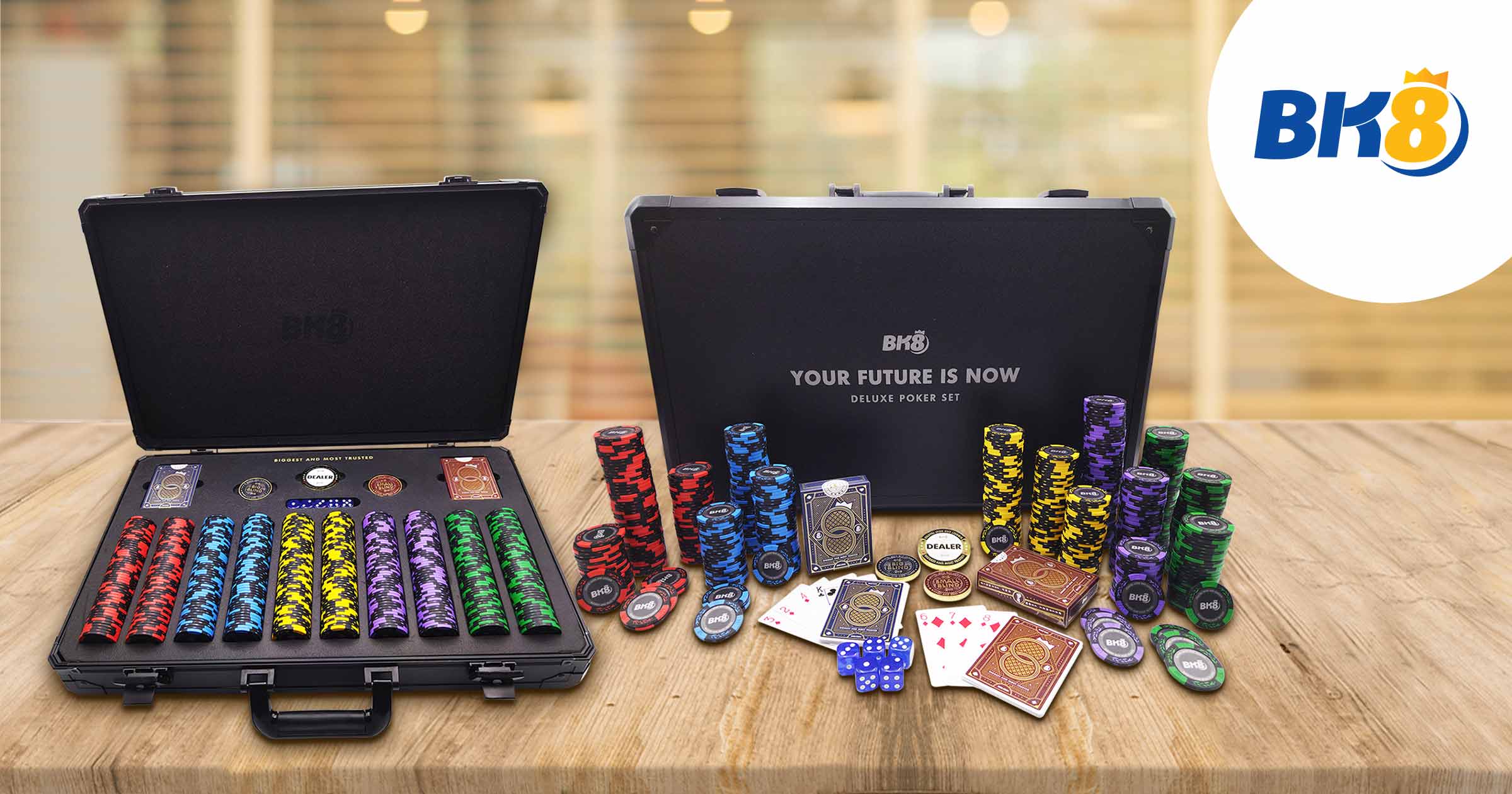 Custom BK8 branded poker set by DTC World featuring logo chips, cards, and dice in luxury case