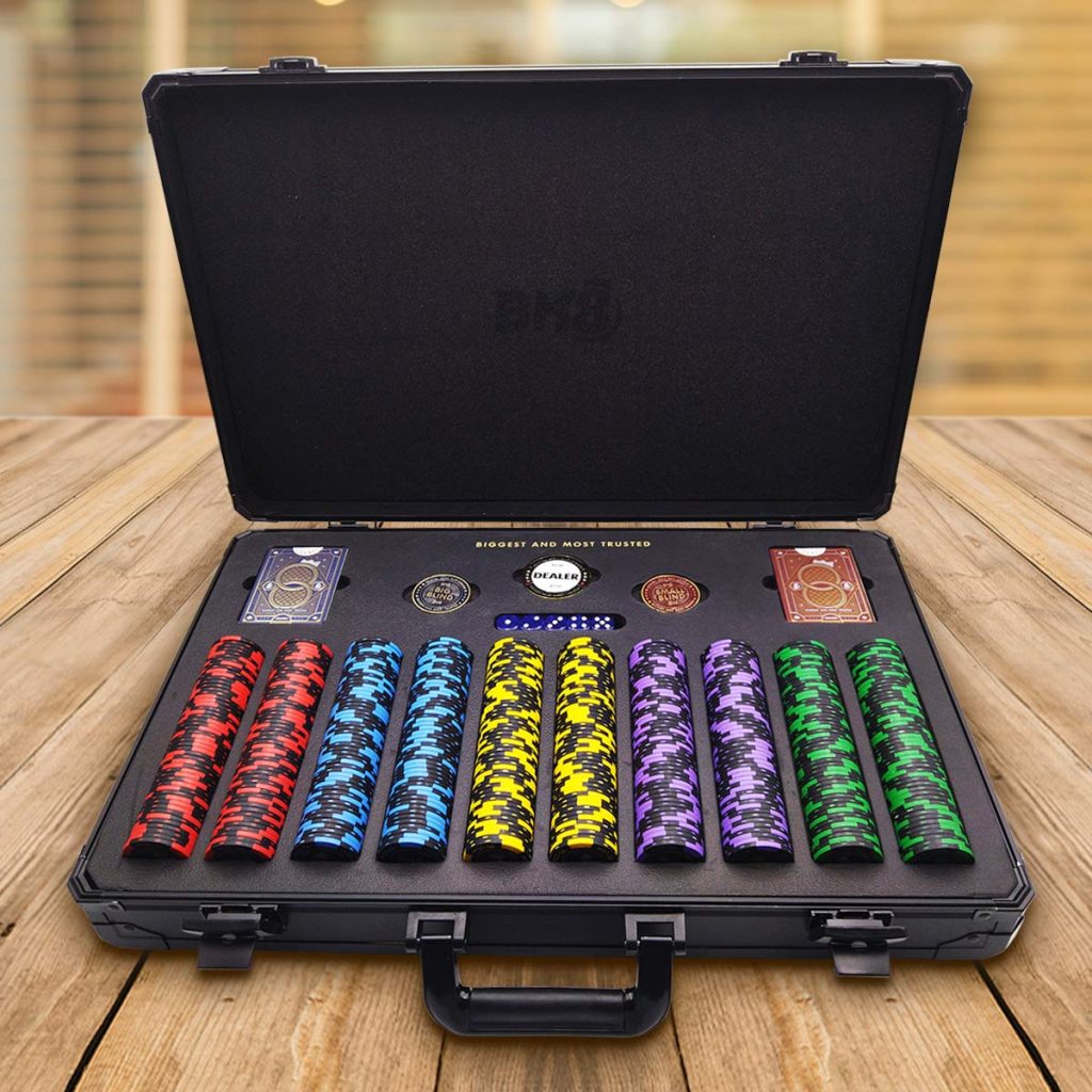 Custom BK8 branded poker set by DTC World featuring logo chips, cards, and dice in luxury case