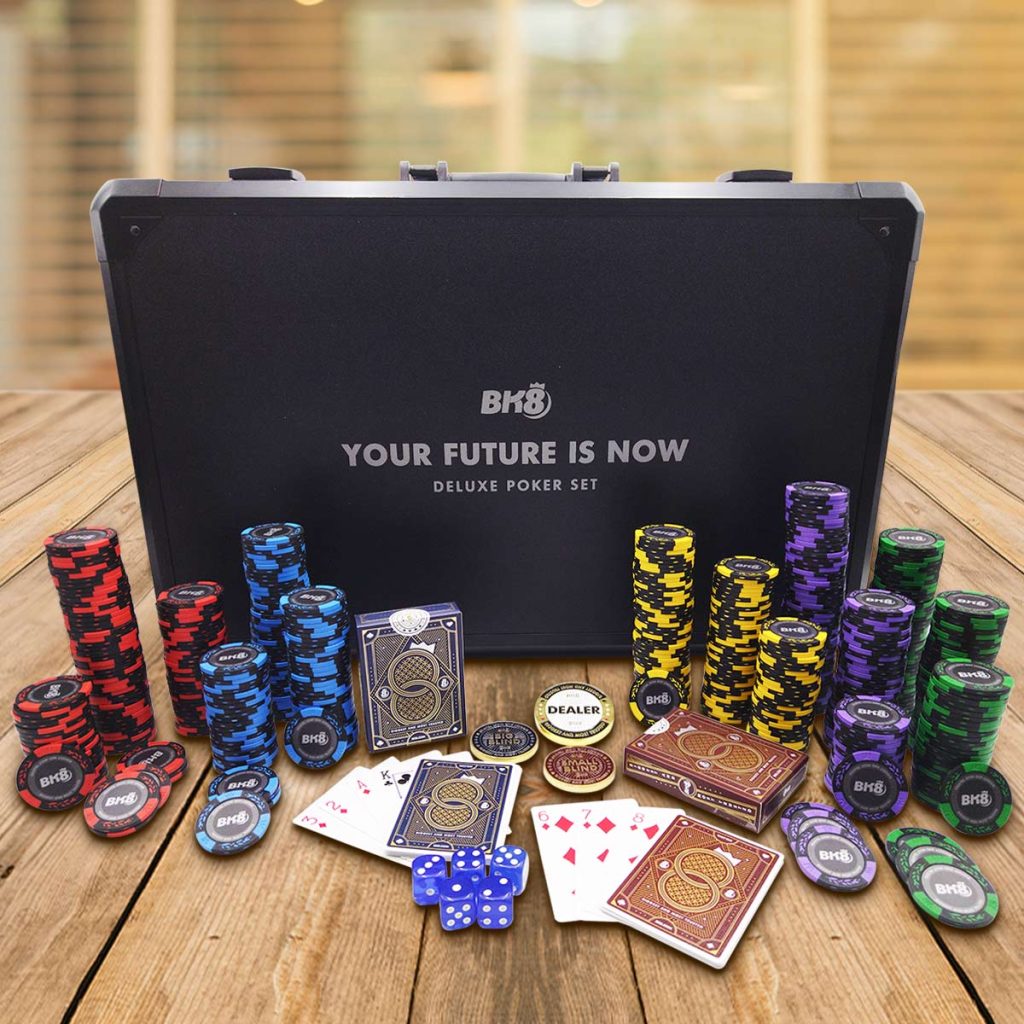 Custom BK8 branded poker set by DTC World featuring logo chips, cards, and dice in luxury case