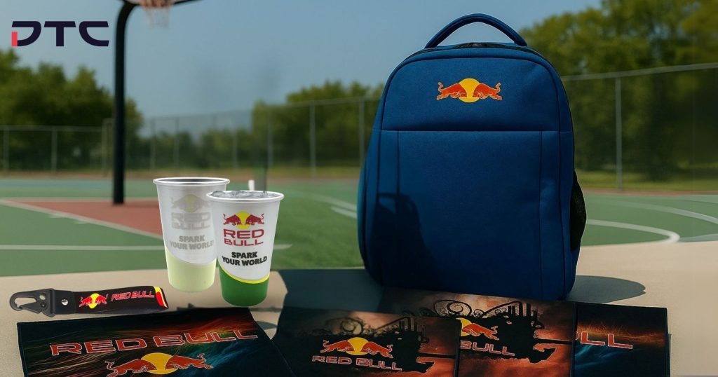 Red BullHoopfest promotional merchandise – custom keychain, towel, colour-changing cup, and laptop bag by DTC World